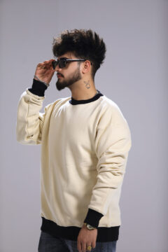 Men Plain Beige & Black Round Neck Sweatshirt Oversized